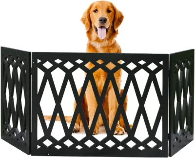 木製ペットゲート – ドアと階段用のブラックの3部構成の装飾折りたたみ犬用フェンス – 屋内および屋外用のペットバリア